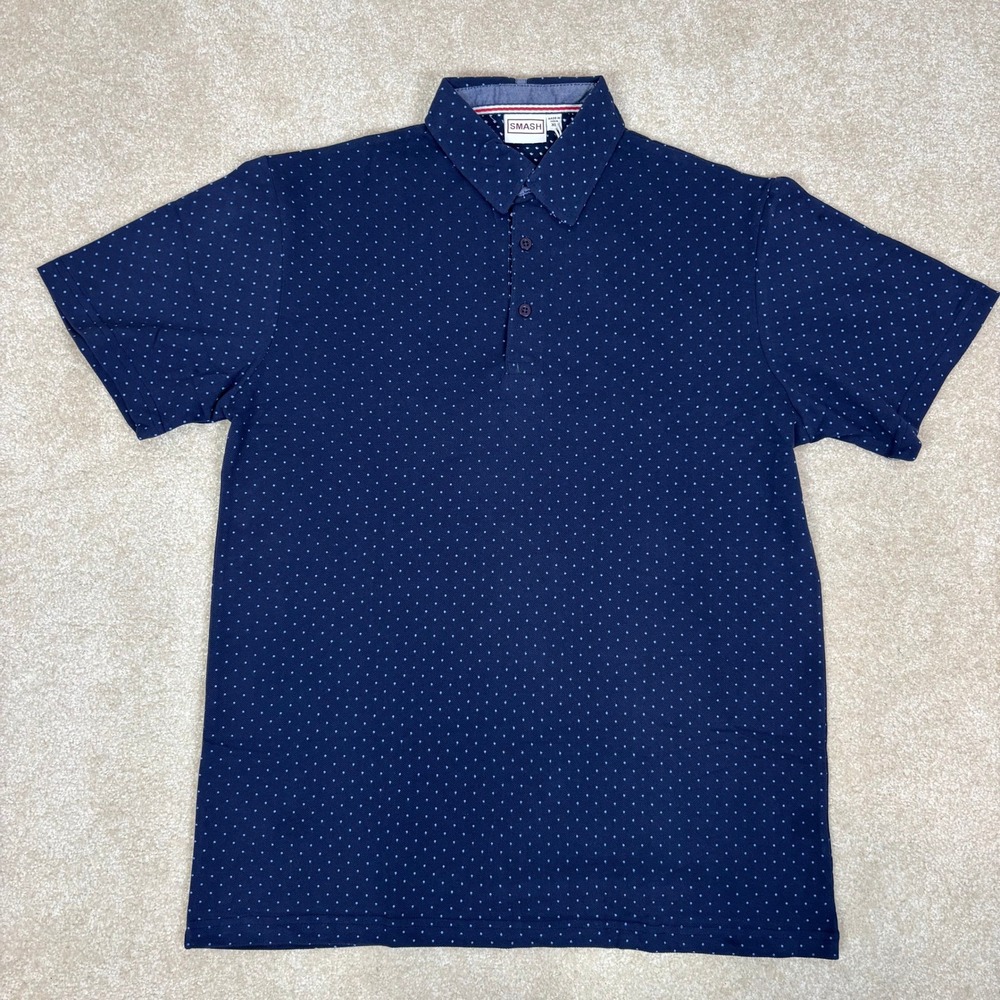 SMASH Mens XL‎ Navy Blue Polka Dot Short Sleeve Polo Golf Casual Shirt NWT
